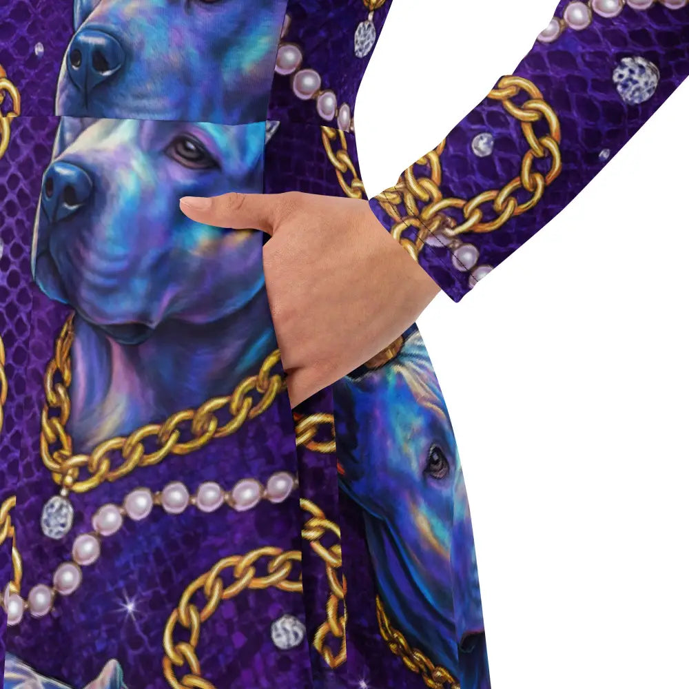 Luxurious royal violet glam midi dress with gold chain and pearl pattern, fitted waist, flared bottom, and practical side pockets.