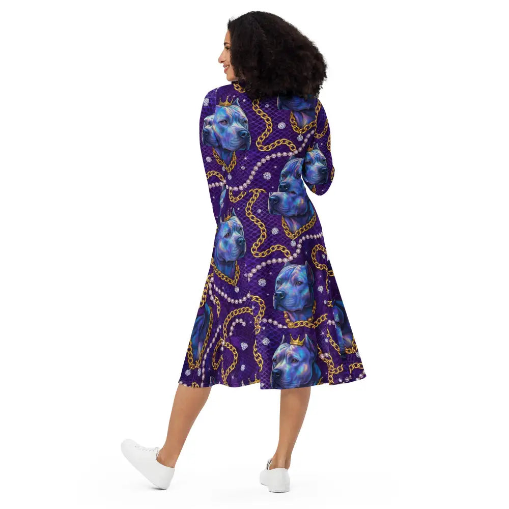 Woman wearing royal purple glam midi dress with chain and blue dog print, flared bottom and fitted waist