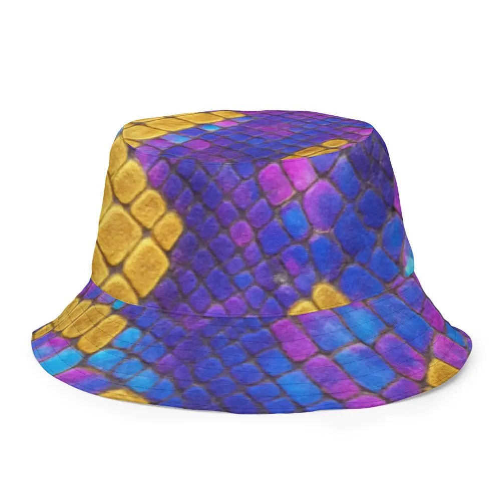 Bossbabe Bucket Hat with vibrant violet, gold, and blue snake print design, lightweight and stylish unisex fit