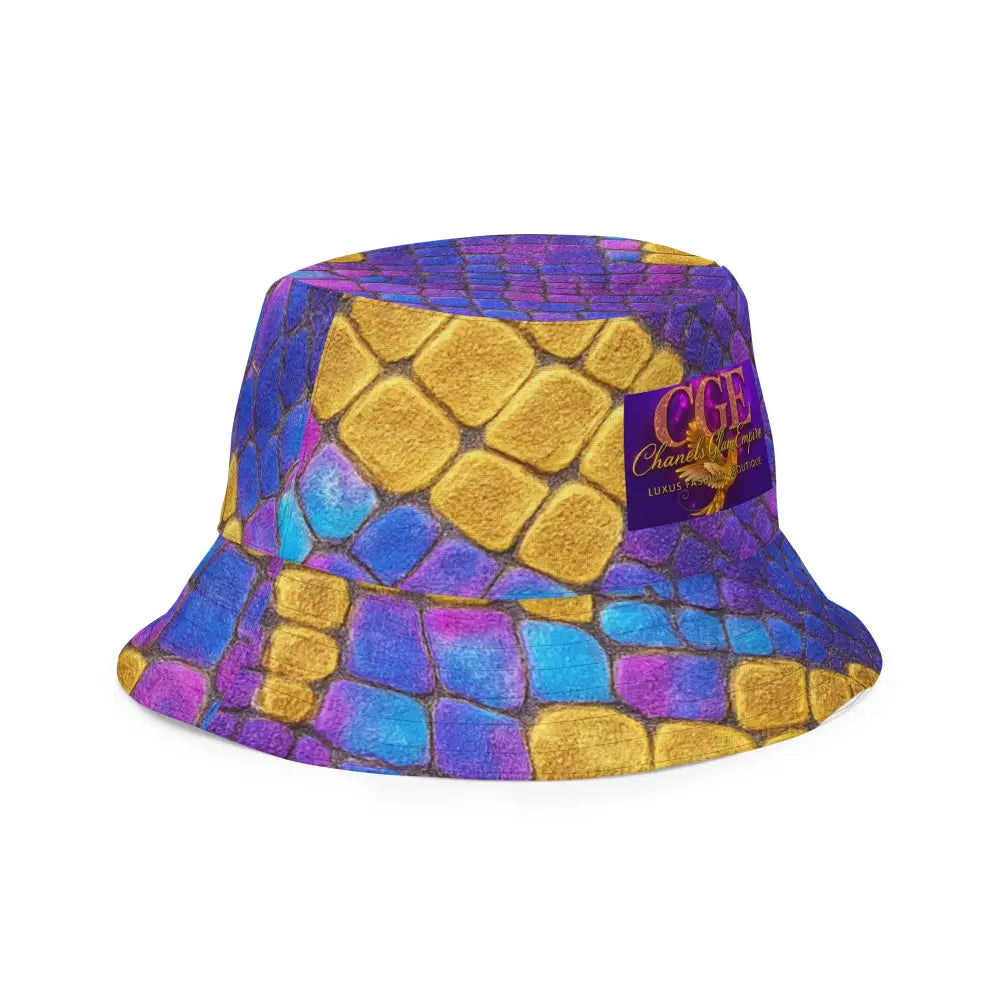 Bossbabe Bucket Hat mit violett-goldenem Snake-Print und Holo-Design für stylische Looks