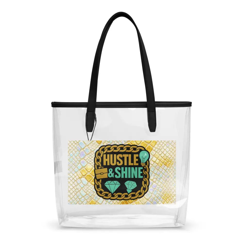 transparente Tragetasche mit schwarzem Griff und goldenem Hustle & Shine Design
