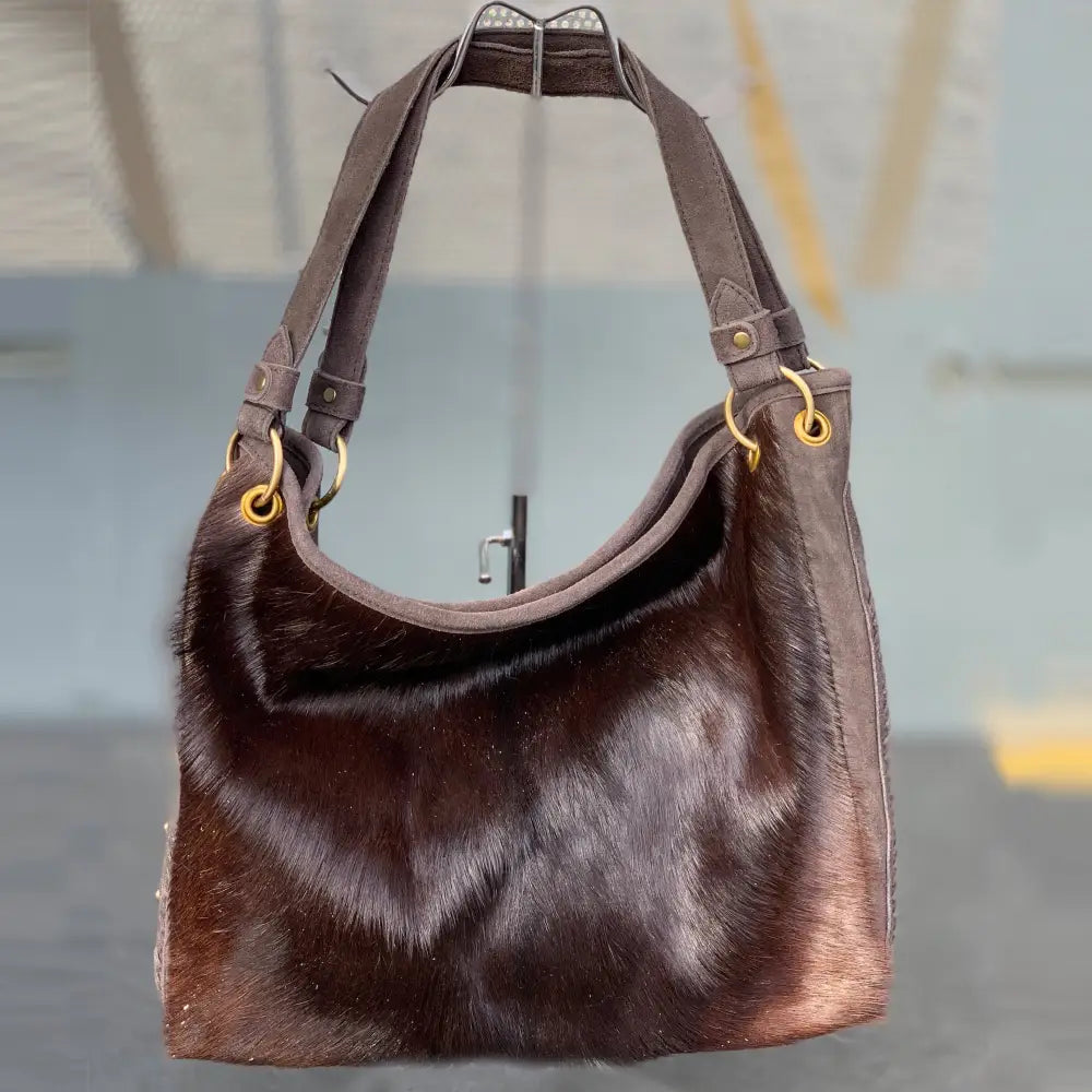 Große Leder Tasche mit Fell Braun - One Size - Tasche