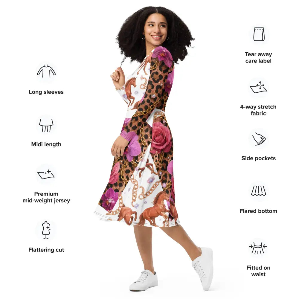 Langärmliges Midikleid mit auffälligem Pferde-, Ketten- und Blumenprint, midi Länge und figurfreundlichem Schnitt