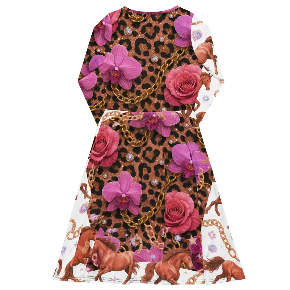 Langärmliges Midikleid mit leopardprint, goldenen Ketten, Pferden, Rosen und Orchideen in Midi-Länge