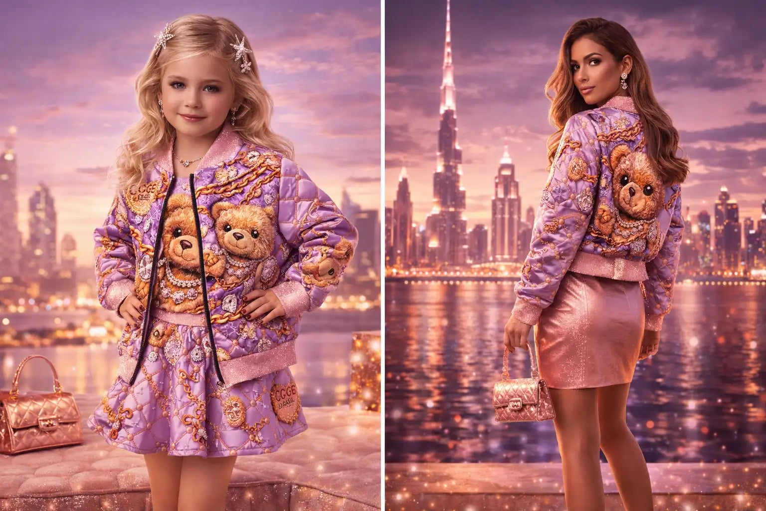 Lila Teddybär-bestickte Bomberjacke mit Goldkettendetails