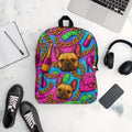 Luxury Glam Backpack with colorful French Bulldog print, gold chains, high heels, champagne, and money motifs, durable waterproof polyester, padded adjustable straps, laptop compartment, vibrant statement design