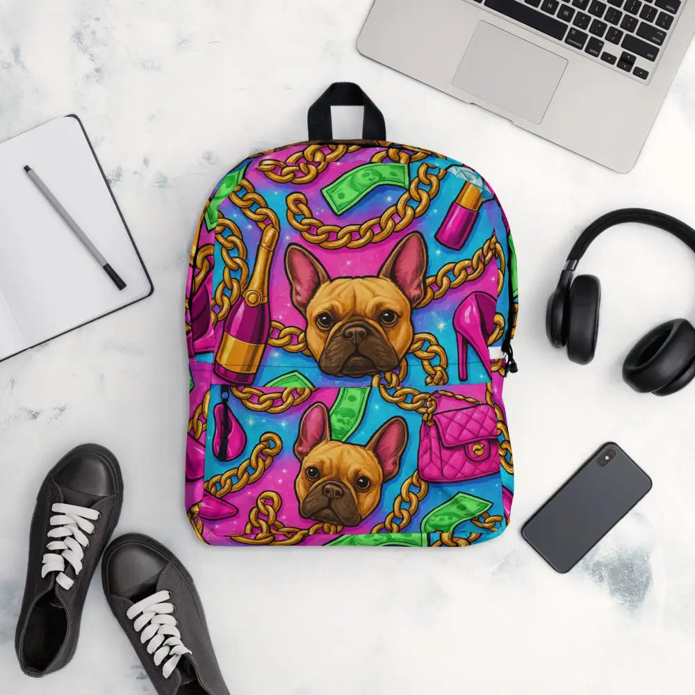 Luxury Glam Backpack with colorful French Bulldog print, gold chains, high heels, champagne, and money motifs, durable waterproof polyester, padded adjustable straps, laptop compartment, vibrant statement design