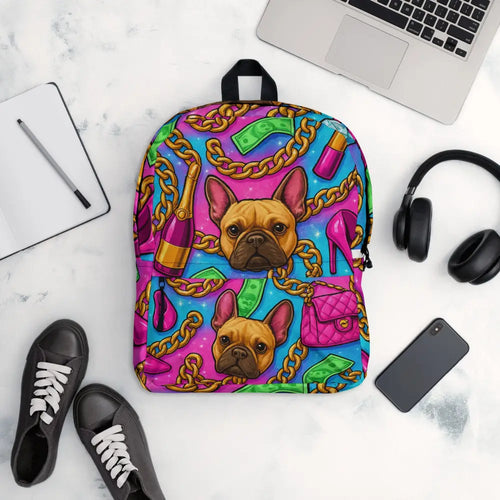 Luxury Glam Backpack with colorful French Bulldog print, gold chains, high heels, champagne, and money motifs, durable waterproof polyester, padded adjustable straps, laptop compartment, vibrant statement design