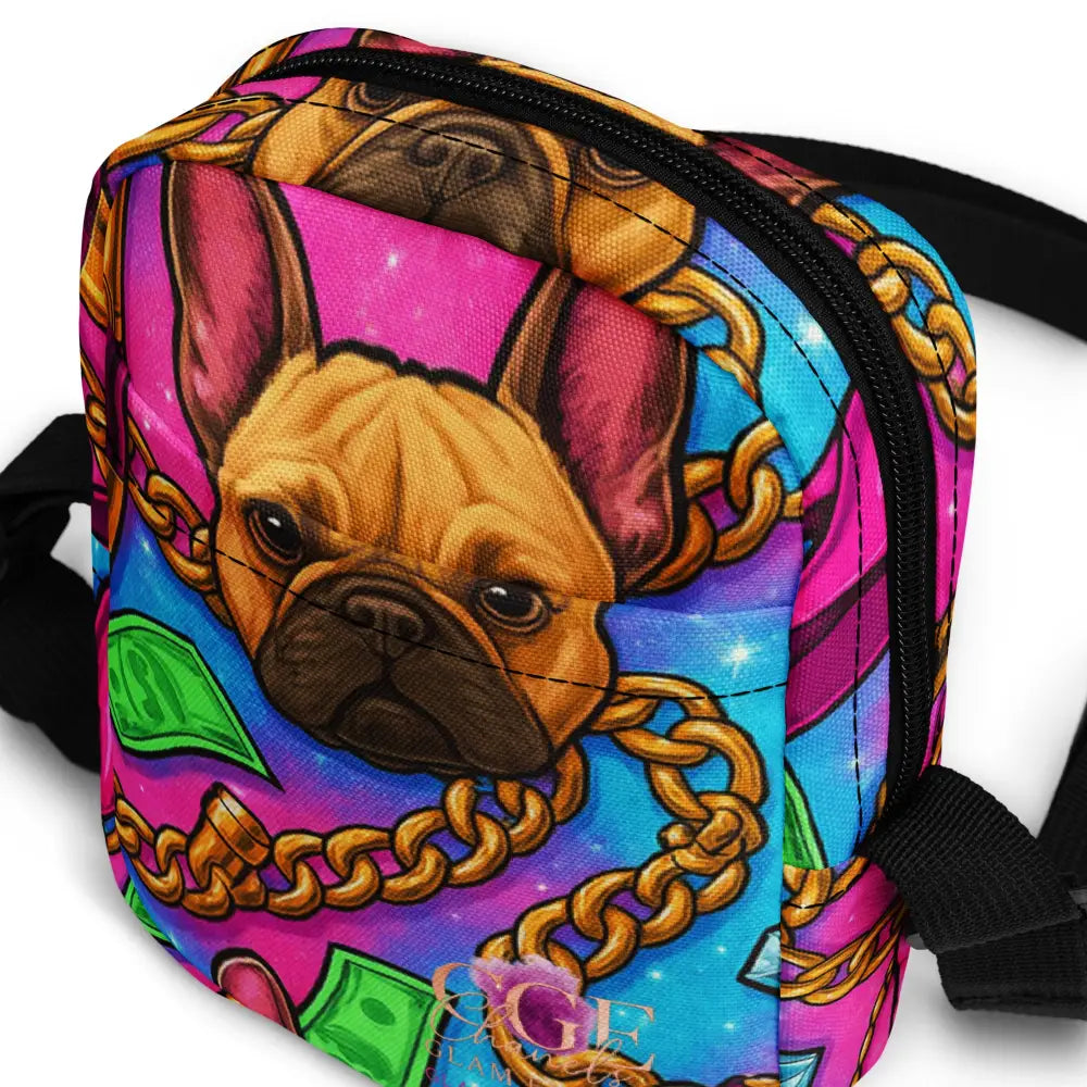 Bunte Umhängetasche mit Bulldoggen-Motiv, verstellbarem Riemen und robustem, wasserabweisendem Polyesterstoff