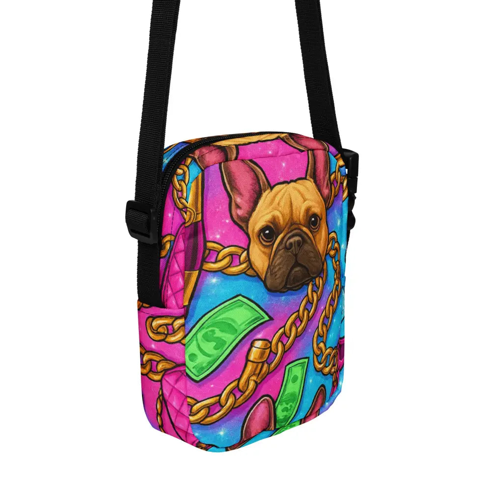 Bunte Umhängetasche mit Hundemotiv, verstellbarem Träger und zwei Taschen, robust und wasserabweisend