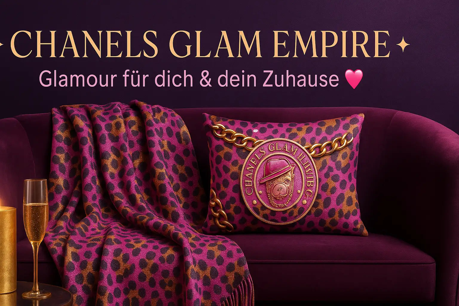Ein plüschiges rosa und goldenes Leopardemuster-Kissen mit einem runden Chanel-Emblem mit Hut-Design, verziert mit einer goldenen Kette.