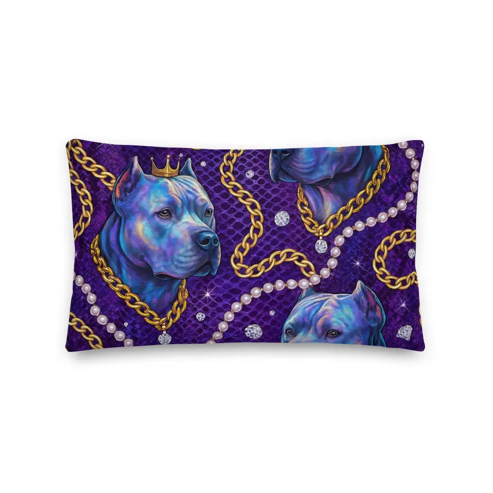 Royal Glam Dog Chains decorative pillow with blue dog heads, gold chains, pearls, and crown on dark blue background