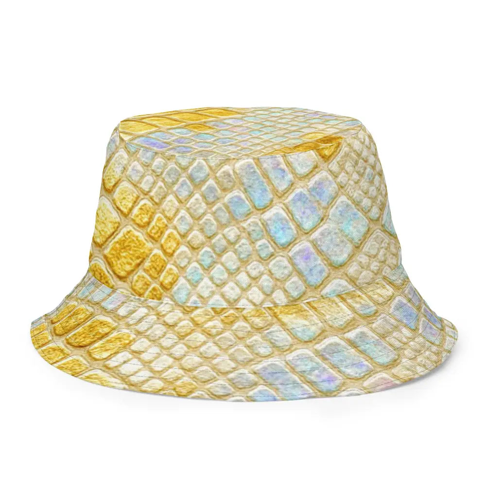 Wendbarer Fischerhut mit gold-glänzendem Metallic-Schlangenleder-Muster und hochwertigem Allover-Druck