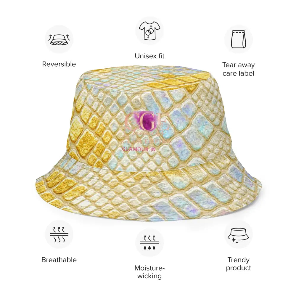 Wendbarer Fischerhut mit gold-holografischem Schlangenleder-Muster und CGE Logo, atmungsaktiv und unisex