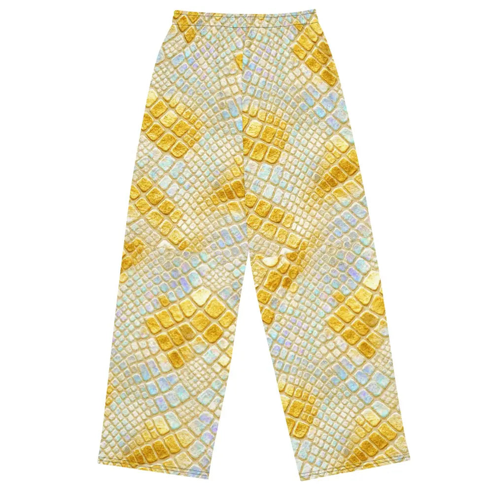 Wide Leg Glam Snake Cargo pants with gold and pastel snake skin allover print, unisex wide leg streetwear luxury pants