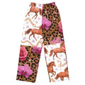Wild Glam Wide Leg Pants with horse, chain, orchid, and leopard print design.