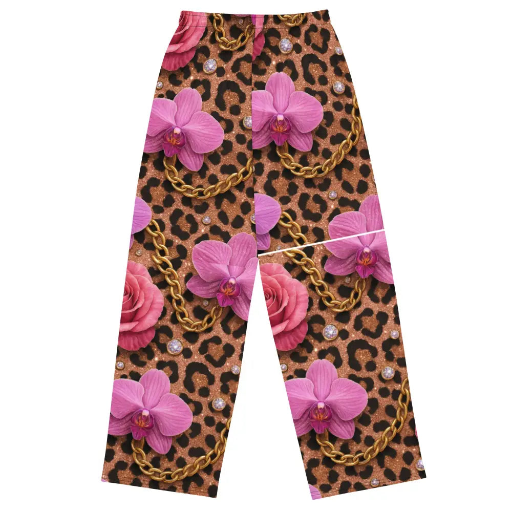 Wild Glam Wide Leg Pants with leopard print, pink orchids, gold chains, and horse motifs, unisex oversized fit.